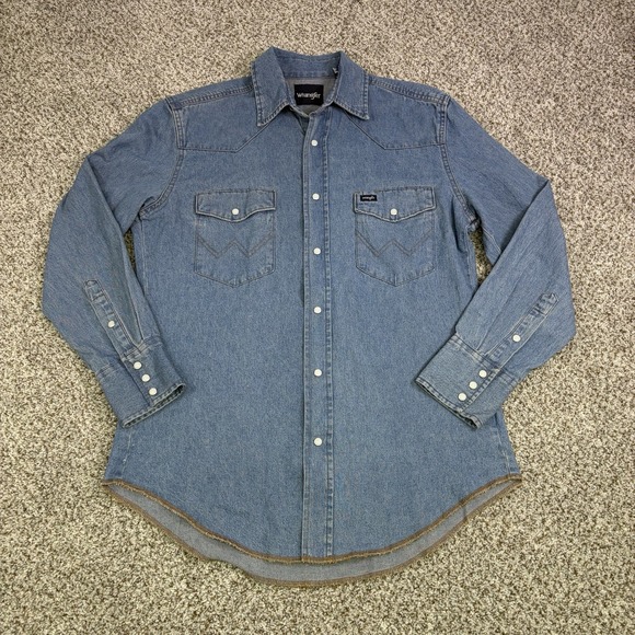 Wrangler Other - Wrangler Cowboy Cut Blue Denim Western Work Shirt Mens M Pearl Snap Rodeo